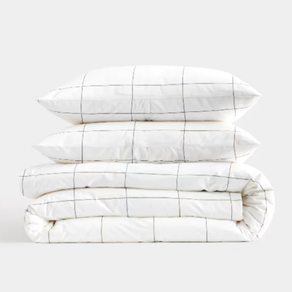Classic Organic Cotton Percale Duvet Cover + 2 Shams TWIN Bedding Set Windowpane - Picture 3 of 10